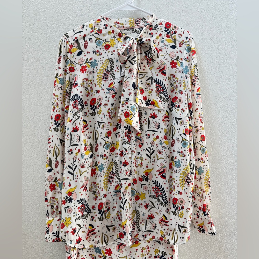 Boden Multicolor Floral/Bird Long Sleeve Blouse & Midi Skirt Set Size 12 - Picture 3 of 16